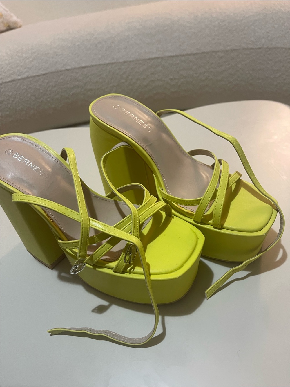 Sernece Neon Yellow Platform Strappy Sandals with Chunky Heel